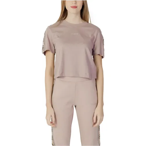 Rosa Einfaches Kurzarm T-Shirt , Damen, Größe: L - Guess - Modalova