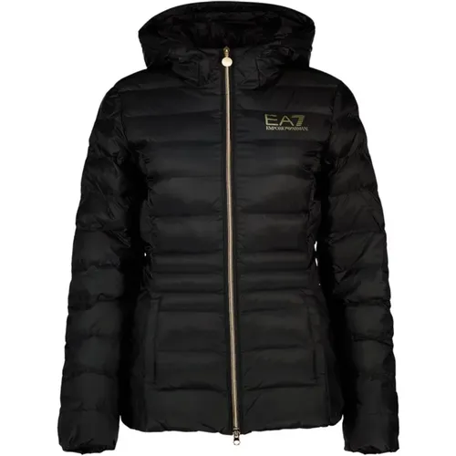 Kurze schwarze Jacke mit goldenem Logo - Emporio Armani EA7 - Modalova