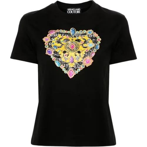 Schwarzes Baumwoll-T-Shirt mit Herzlogo , Damen, Größe: S - Versace Jeans Couture - Modalova