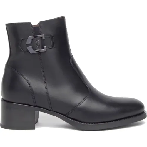 Schwarze Lederstiefel mit Metallkette und Markenlogo , Damen, Größe: 37 EU - Nerogiardini - Modalova