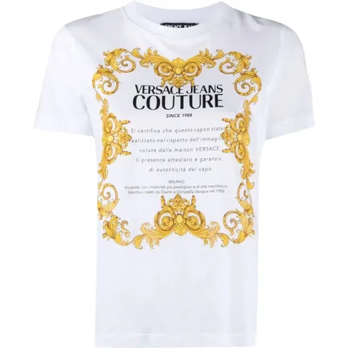 Weißes Baumwoll-T-Shirt mit Frontdruck , Damen, Größe: 2XS - Versace Jeans Couture - Modalova