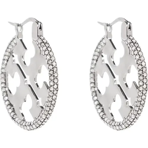 Silberne Hoop-Ohrringe mit Double T Logo , Damen, Größe: ONE Size - TORY BURCH - Modalova