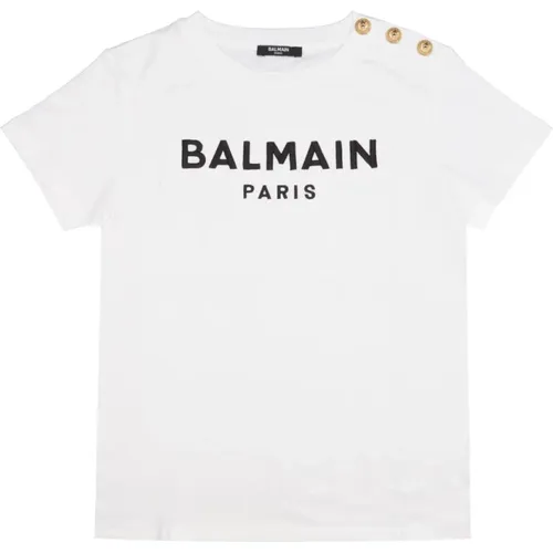 Kinder Baumwoll Crew-neck T-shirt mit Bedrucktem Logo - Balmain - Modalova