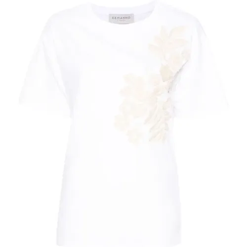 Floral Embroidered T-shirt in , female, Sizes: S - Ermanno Scervino - Modalova