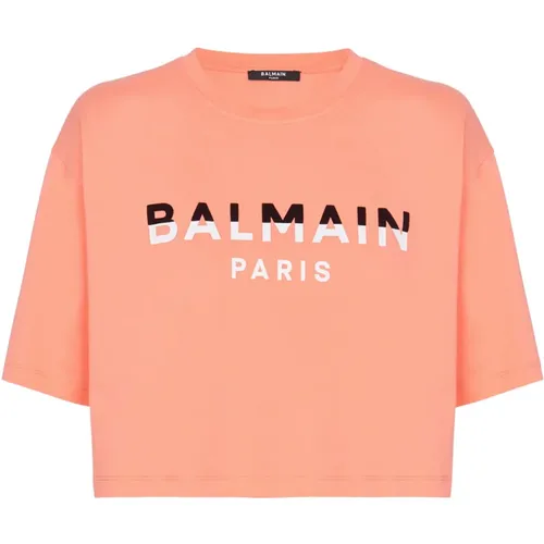 Kurzes Paris T-Shirt mit beflocktem Print , Damen, Größe: S - Balmain - Modalova