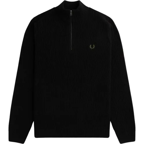 Gerippter Halb-Reißverschluss-Pullover aus reiner Lammwolle - Fred Perry - Modalova