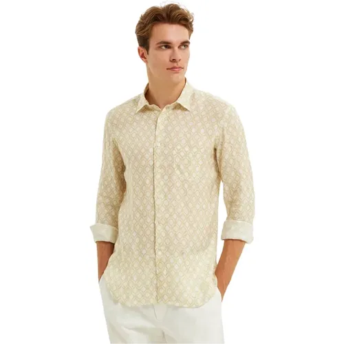 Mediterranean Tile Print Linen Shirt , male, Sizes: XL, S, M, 2XL, L - Peninsula - Modalova