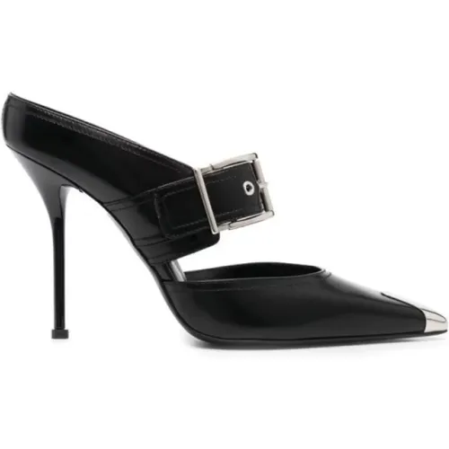 Leather Mule with Silver Buckle and Pointed Toe , female, Sizes: 4 UK, 6 UK, 8 UK, 7 UK - alexander mcqueen - Modalova