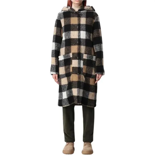 Beige Checked Pattern Coat with Large Hood , female, Sizes: S - Woolrich - Modalova