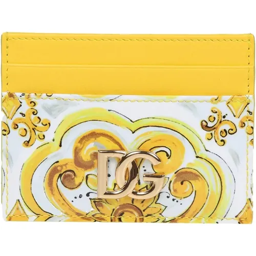 Yellow Calfskin Card Holder with Logo , female, Sizes: ONE SIZE - Dolce & Gabbana - Modalova