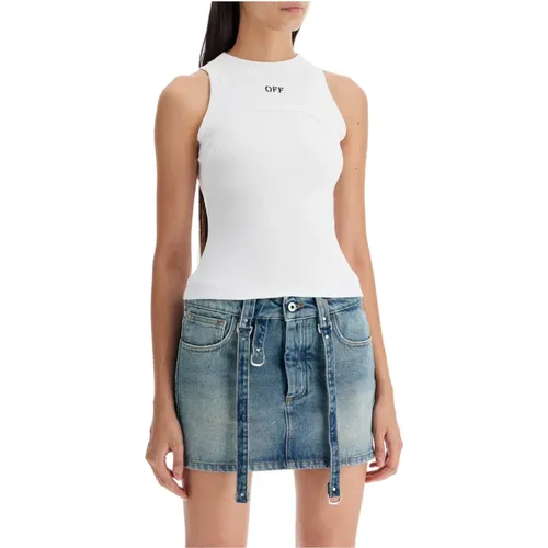 Off , Geripptes Baumwolltanktop mit Besticktem Logo , Damen, Größe: M - Off White - Modalova