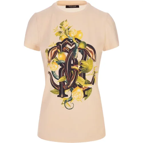 T-Shirt mit Zitronen- und Schlangenprint , Damen, Größe: M - Roberto Cavalli - Modalova