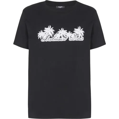 T-shirt with palm tree Signature print , male, Sizes: L, S, XL, M - Balmain - Modalova