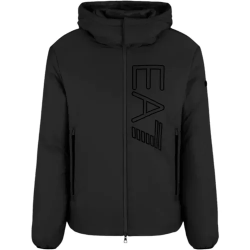 Schwarze Bomberjacke mit Abnehmbarer Kapuze und Besticktem Logo - Emporio Armani EA7 - Modalova