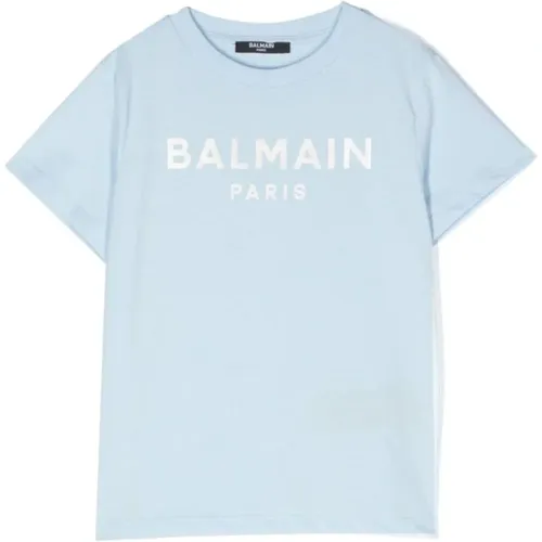Logo Print Sky Blue T-Shirt Balmain - Balmain - Modalova