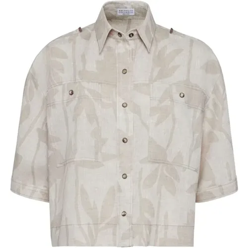Blusenshirt mit Blätterdruck, Leinenhemd mit Messingdetails - BRUNELLO CUCINELLI - Modalova