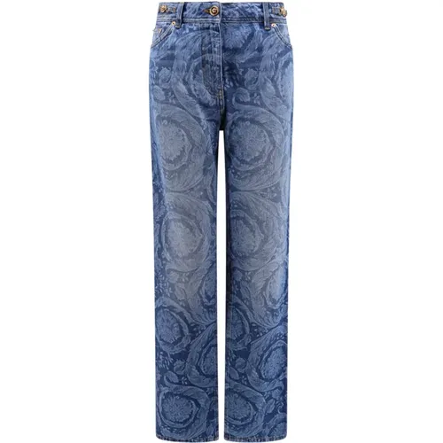 Barock Laserdruck Jeans mit Medusa-Details,Barock Serie Denim Jeans,Blaue Denim Barocco Print Jeans - Versace - Modalova