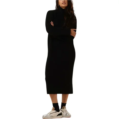 Schwarzes Strick-Midi-Kleid mit hohem Ausschnitt, Strickkleid Hoher Kragen - Selected Femme - Modalova