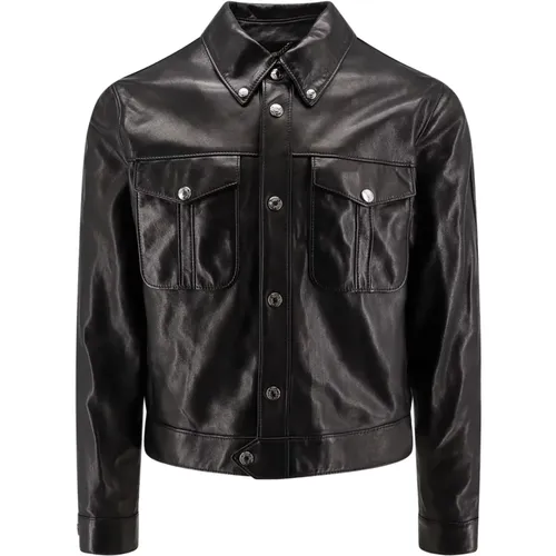 Leather Jacket with Snap Button Closure , male, Sizes: M, 2XL, L, XL - Versace - Modalova