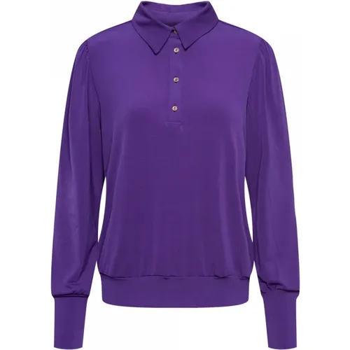 Lila Jersey-Top mit Polokragen und Puffärmeln , Damen, Größe: XS - &Co Woman - Modalova