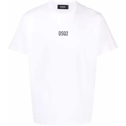 Weißes T-Shirt mit Rundhalsausschnitt und bedrucktem Logo , Herren, Größe: M - Dsquared2 - Modalova