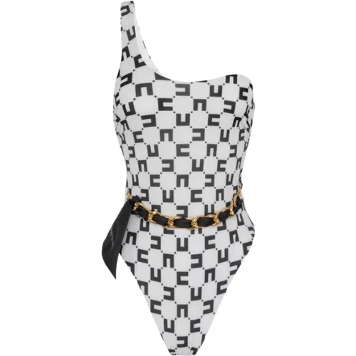 Logo Print One-Shoulder Swimsuit with Chain Accessory , female, Sizes: L, M - Elisabetta Franchi - Modalova