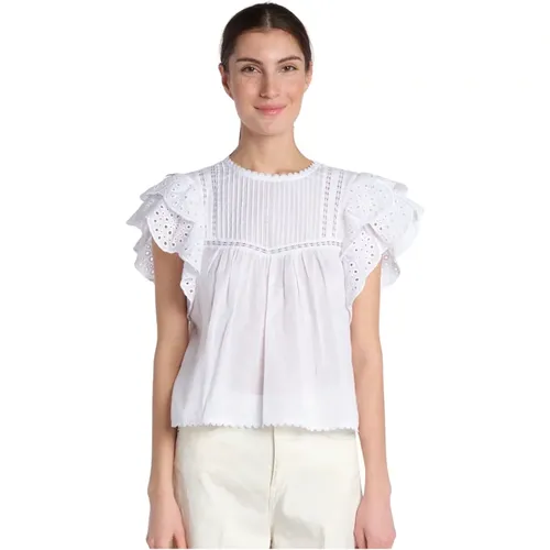 Weiße Sangallo Bluse mit Rüschen , Damen, Größe: L - Bellerose - Modalova