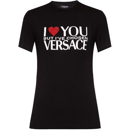 T-Shirt mit bedrucktem Logo und Herzdetails , Damen, Größe: XS - Versace - Modalova