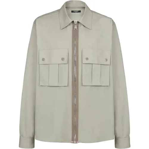 Beige Cotton Zipped Overshirt , male, Sizes: S, M - Balmain - Modalova