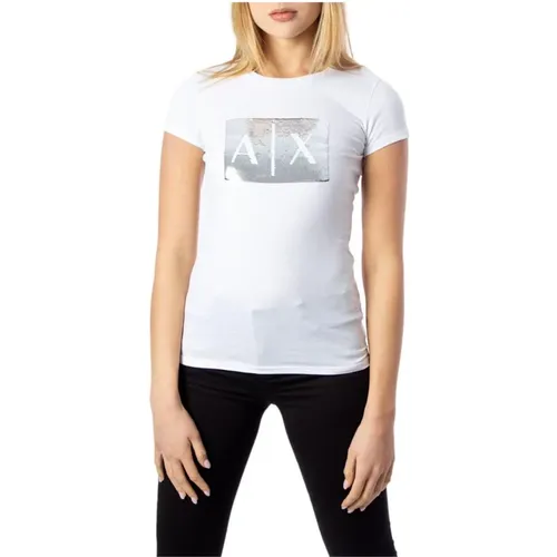 Weiße Baumwoll-Kurzarm-T-Shirt , Damen, Größe: XL - Armani Exchange - Modalova