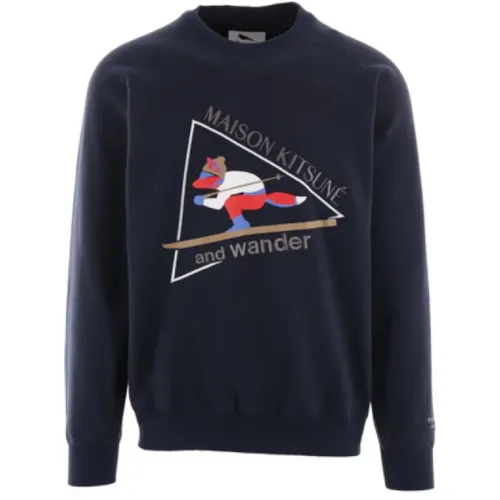 Blaue Sweaters mit Skiing Fox Logo , Herren, Größe: XL - Maison Kitsuné - Modalova