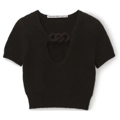 Schwarzes V-Ausschnitt T-Shirt mit gehäkelter Kettenverzierung , Damen, Größe: S - alexander wang - Modalova