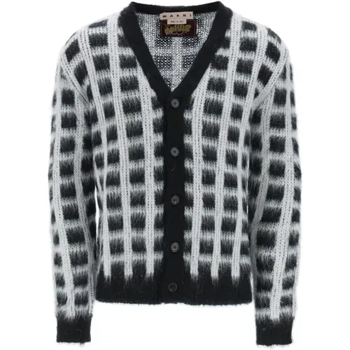 Brushed Yarn Cardigan With Check Pattern , male, Sizes: M - Marni - Modalova