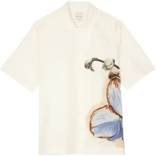 White Linen-Cotton 'Orchid' Print Short-Sleeve Shirt , male, Sizes: M, L, XL - PS By Paul Smith - Modalova
