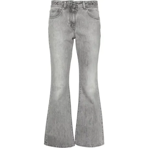 Grey Denim Stonewashed Flared Cropped Jeans , female, Sizes: W26 - Versace - Modalova