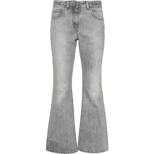 Grey Denim Stonewashed Flared Cropped Jeans , female, Sizes: W27 - Versace - Modalova