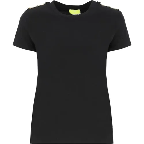 Schwarzes Baumwoll-T-Shirt mit goldenem Detail , Damen, Größe: XL - Elisabetta Franchi - Modalova