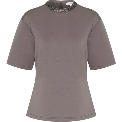 Verziertes Tee Top Dunkelgrau , Damen, Größe: S - Soaked in Luxury - Modalova