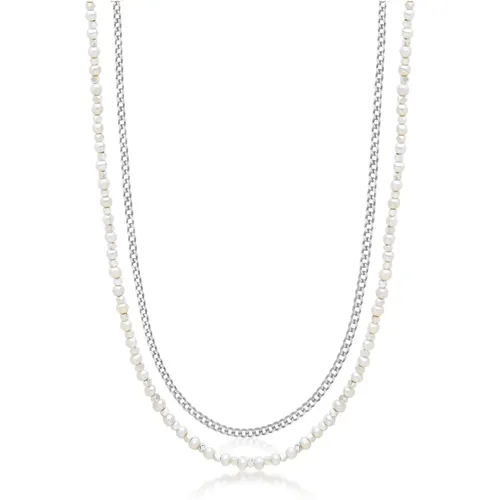Schichtiger Cuban Link Chain Pearl Necklace , Herren, Größe: ONE Size - Nialaya - Modalova