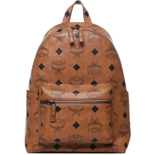 Brandy Shiny Leather Backpack with Logo Print , male, Sizes: ONE SIZE - MCM - Modalova