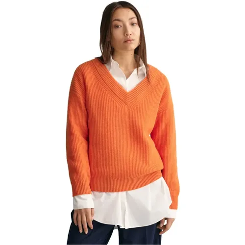 Gerippter V-Ausschnitt Wollpullover - Gant - Modalova