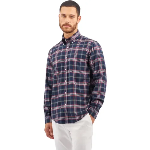 Marineblaues Non-Iron Stretch Supima Baumwollhemd mit Button-Down-Kragen im Tartan-Muster , Herren, Größe: L - Brooks Brothers - Modalova