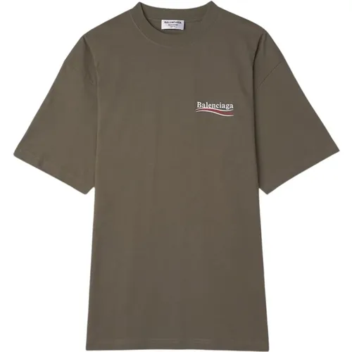 Besticktes Logo Baumwoll-T-Shirt - Grün , Herren, Größe: M - Balenciaga - Modalova
