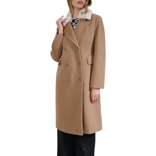 Long Fur Collar Camel Coat , female, Sizes: S - Kaos - Modalova