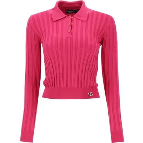 Ribbed Knit Long Sleeve Polo Shirt , female, Sizes: 2XS - Dolce & Gabbana - Modalova