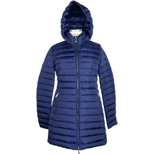 Blaue Daunen-Pufferjacke mit Kapuze , Damen, Größe: S - add - Modalova