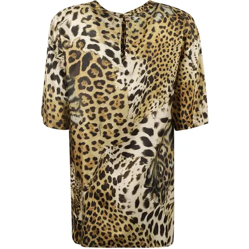 Seiden-T-Shirt mit Leopardenmuster , Damen, Größe: 2XL - Roberto Cavalli - Modalova