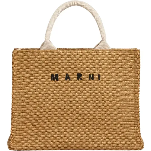 Small tote in natural-coloured raffia-effect fabric , female, Sizes: ONE SIZE - Marni - Modalova