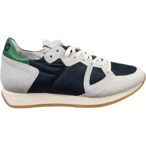 Suede and Blue Fabric Low Top Sneakers with Green Detail , female, Sizes: 6 UK - Philippe Model - Modalova