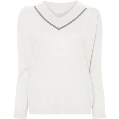 Cashmere V-Neck Sweater with Monili Chain , female, Sizes: M, XS, S, L - BRUNELLO CUCINELLI - Modalova